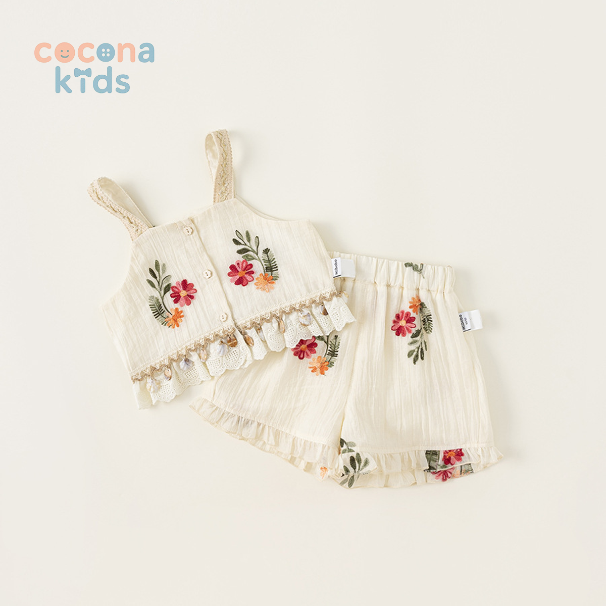 女の子 エスニック風 刺繍 吊りトップス＋ショートパンツ 夏セットアップ