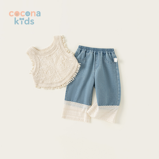 キッズ 女の子 フリンジ付き デニム セットアップ ノースリーブ 夏服