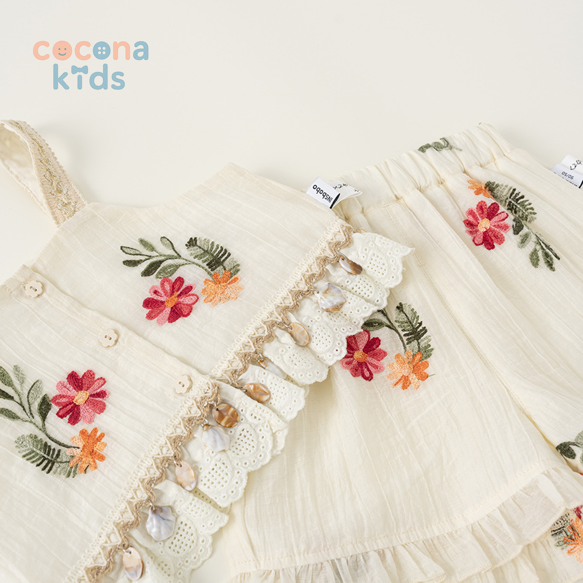 女の子 刺繍 吊りトップス＋ショートパンツ 夏 セットアップ
