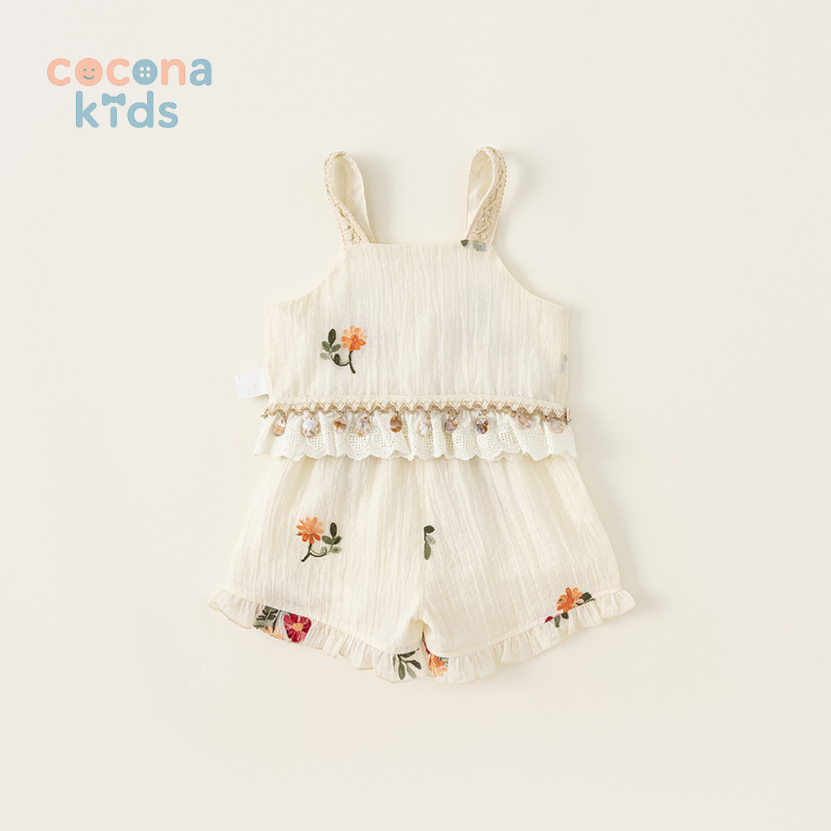 女の子 刺繍 吊りトップス＋ショートパンツ 夏 セットアップ